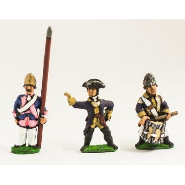 Seven Years War Prussian: Command: Fusilier Officer, Standard Bearer (bare flag pole only - no cast flag) & Drummer