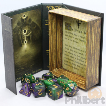 Yellow Sign Dice - Purple and Green Masked edition Polyhedral Set
