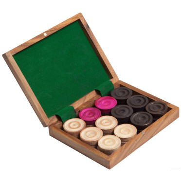 Carrom pawn "Break To Finish" in a wooden box