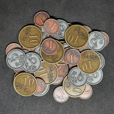 Set of generic metal coins of value 1, 5, 10 for board games