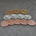 Set of generic metal coins of value 1, 2, 5 for board games 21