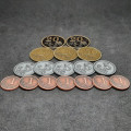 Set of generic metal coins of value 1, 5, 10, 20 for board games 32